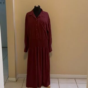 Future Collective Burgundy Collared Long Sleeves Smocked Midi Dress Size XXL
